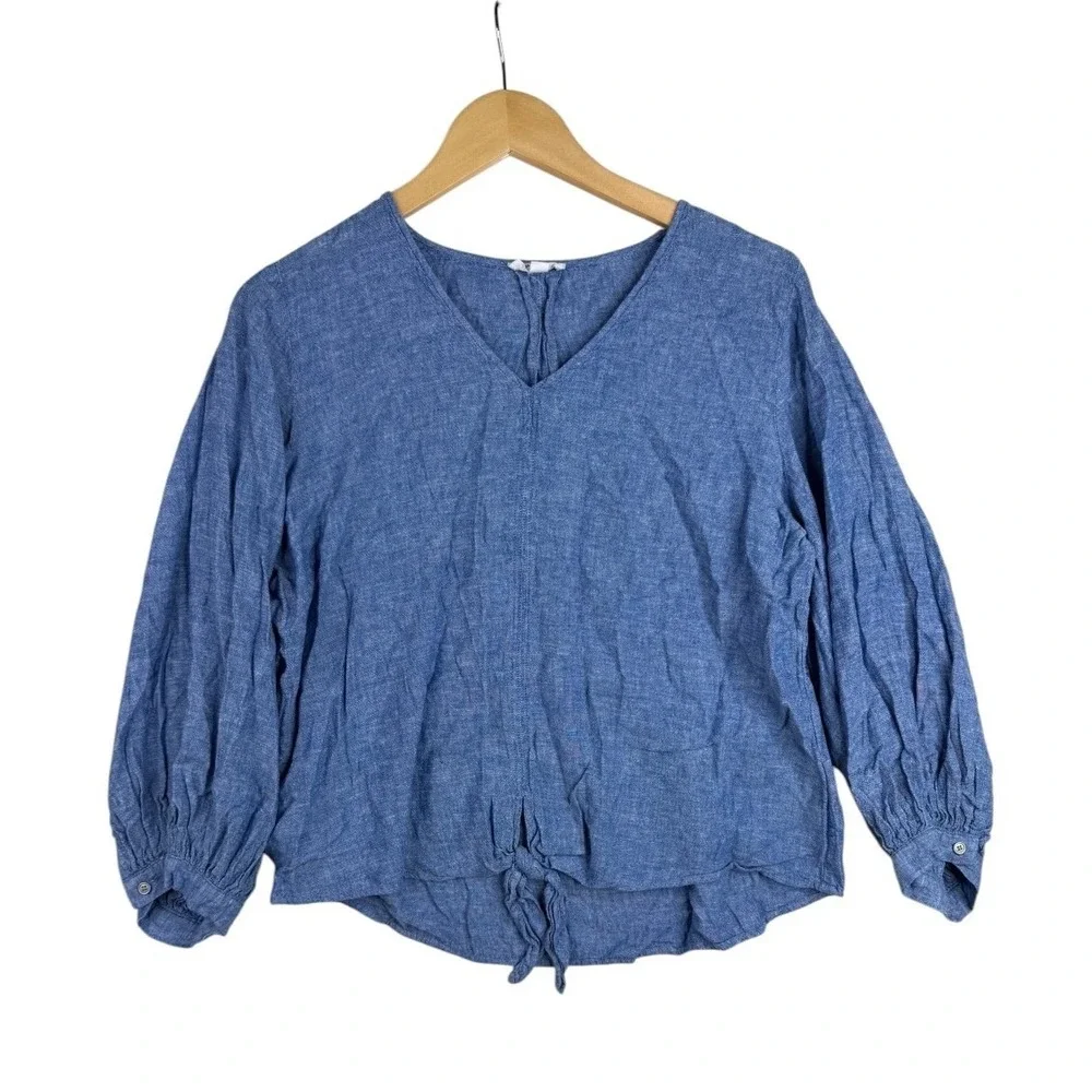 Westbound Womens Chambray Linen Tie Front V Neck Blouse Size Large Blue